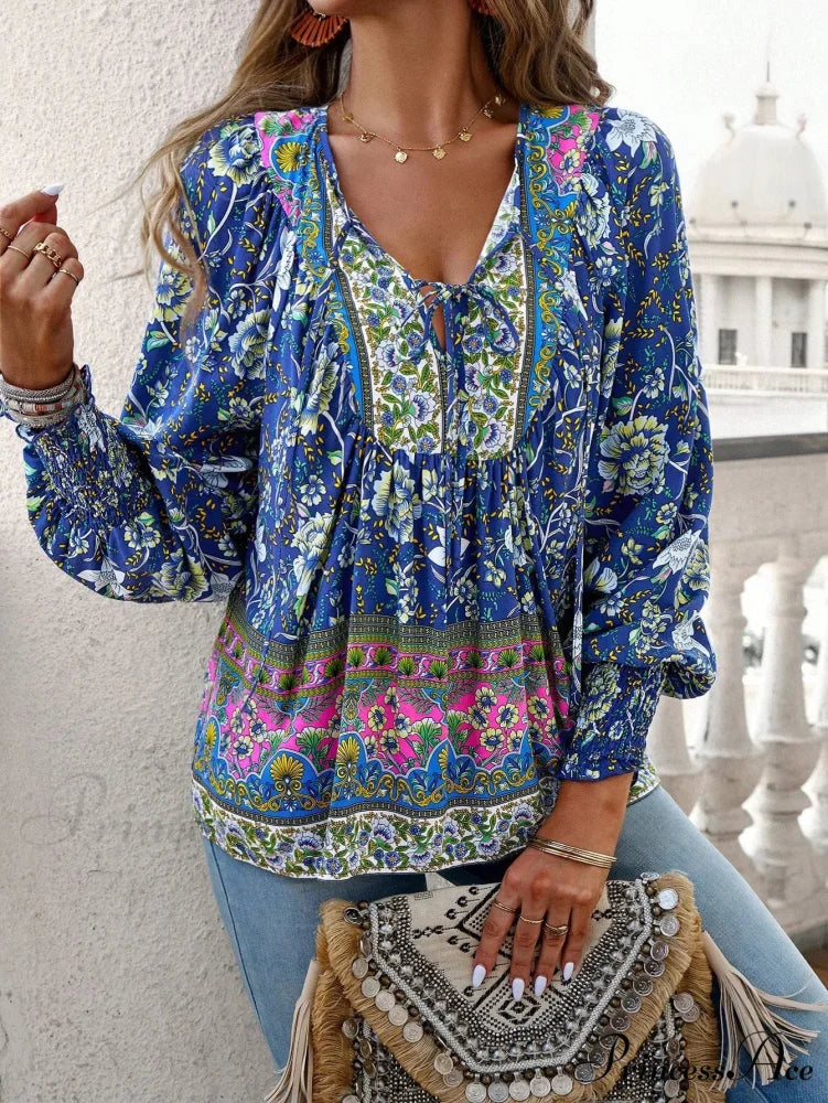 Informal V-Neck Flower Pattern Extended Sleeve Boho Top bohoblouse-250126