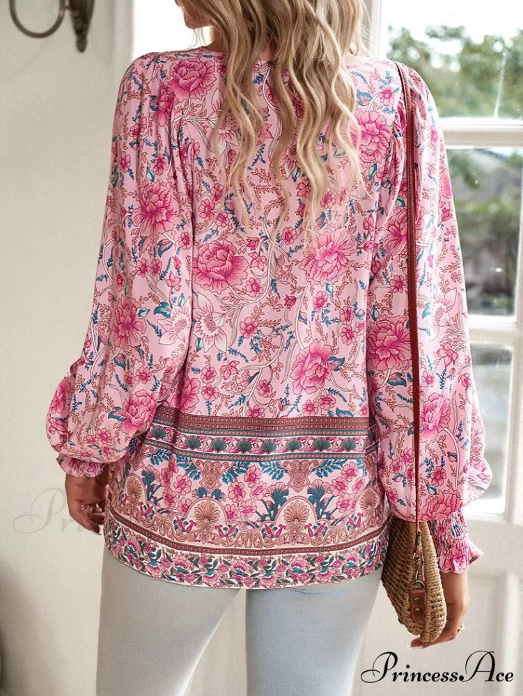 Informal V-Neck Flower Pattern Extended Sleeve Boho Top bohoblouse-250126