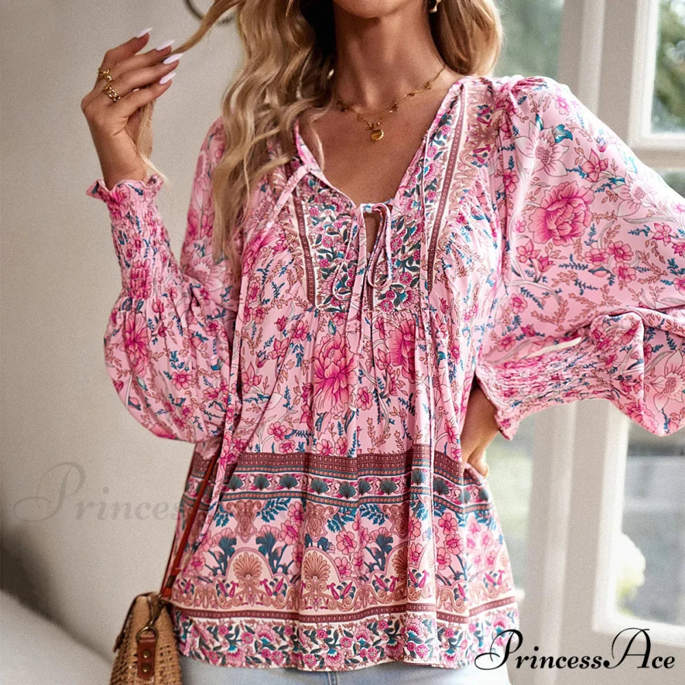 Informal V-Neck Flower Pattern Extended Sleeve Boho Top bohoblouse-250126