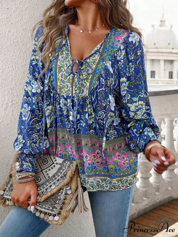 Informal V-Neck Flower Pattern Extended Sleeve Boho Top bohoblouse-250126