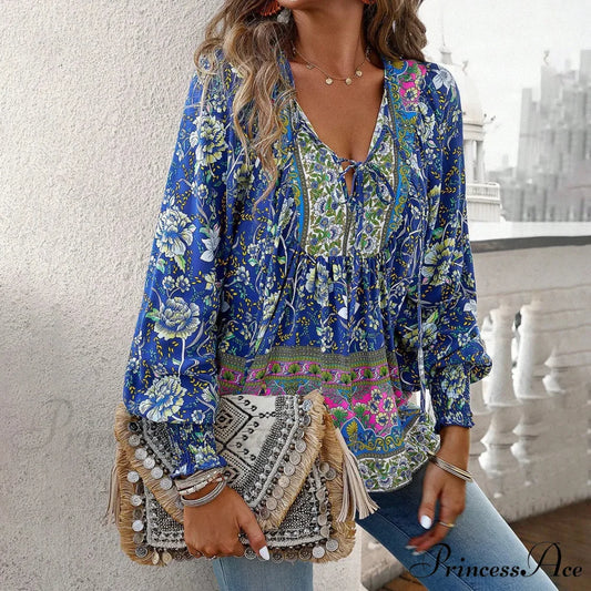 Informal V-Neck Flower Pattern Extended Sleeve Boho Top Navy / S bohoblouse-250126