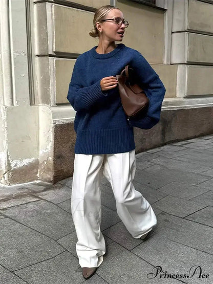 Informal Vintage Extended Sleeve Jumper Blue / S swraters-241228