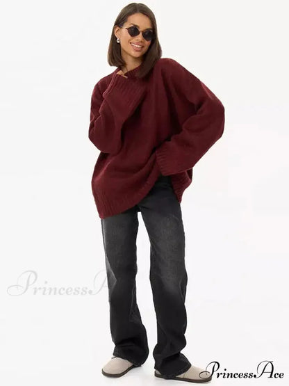 Informal Vintage Extended Sleeve Jumper Wine red / S swraters-241228