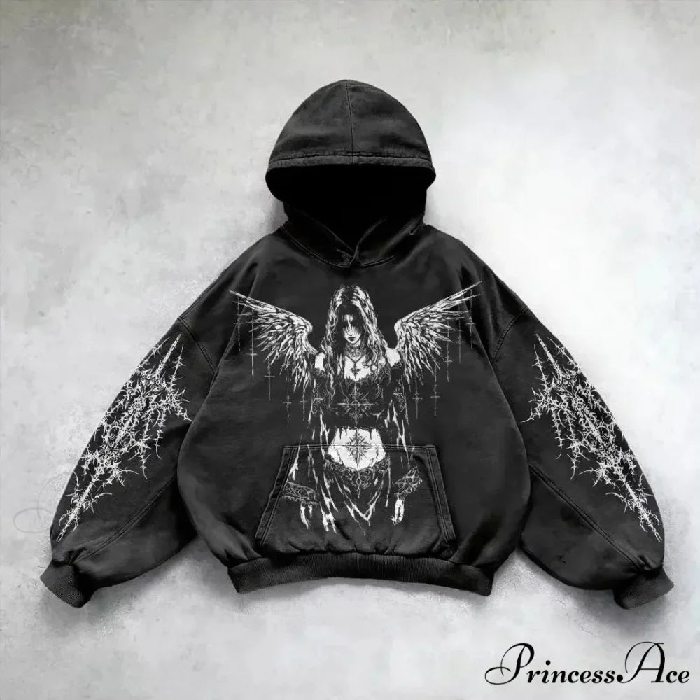 Informal Vintage Gothic Printing Hoodie black 12 / M hoodies-241228