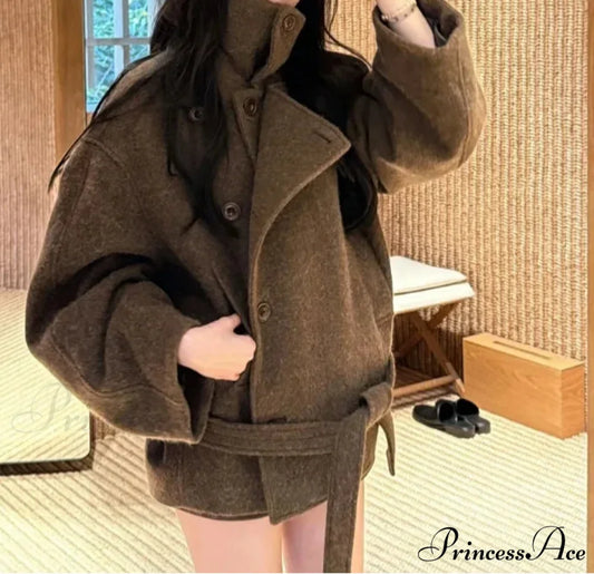 Informal Wool Tie-Up High Neck Overcoat overcoats-241228