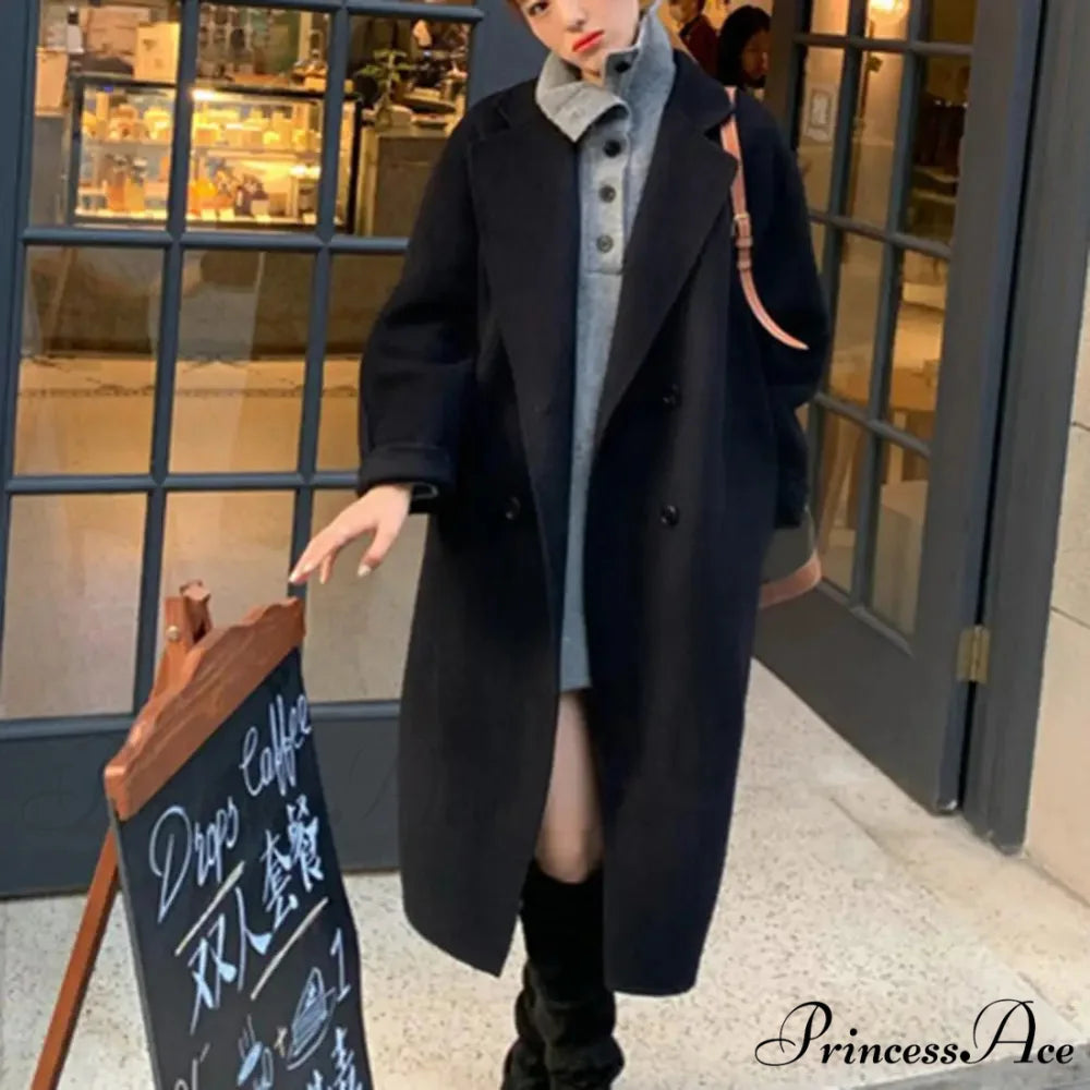Informal Woolen Indentation Collar Spring Overcoat Black / S overcoats-241228