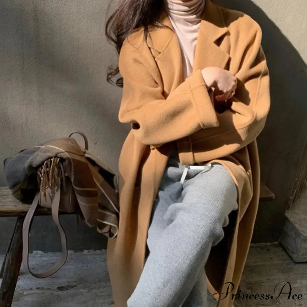 Informal Woolen Indentation Collar Spring Overcoat camel / S overcoats-241228