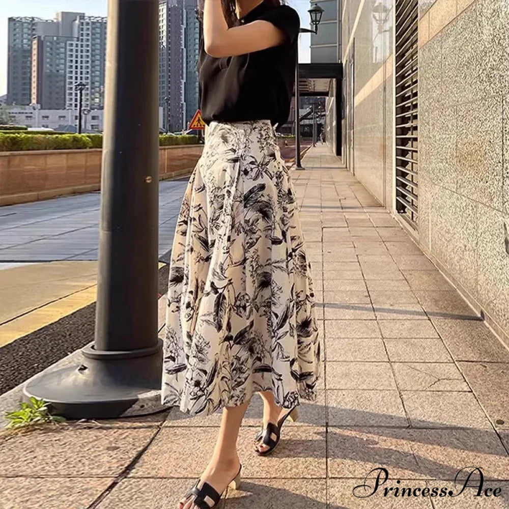 Ink Art Skirt Ladies Fall Winter Tall Waist Swing Skirt Picture Color / S skirt-250126