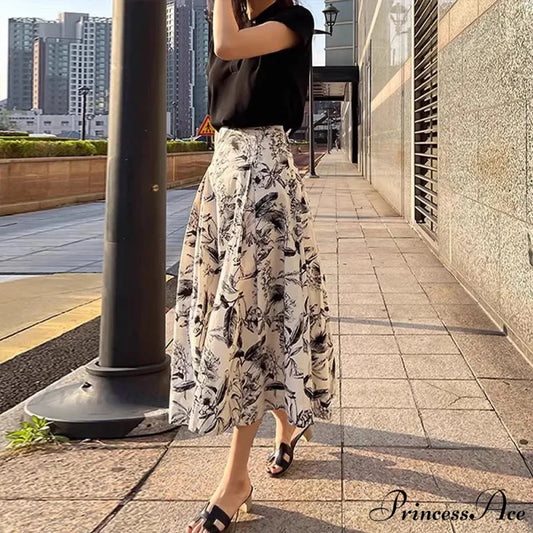 Ink Art Skirt Ladies Fall Winter Tall Waist Swing Skirt Picture Color / S skirt-250126