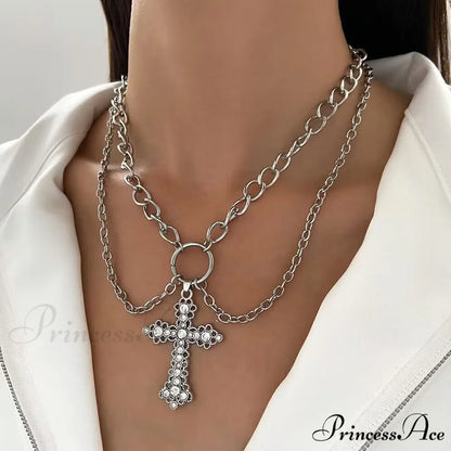 INS Alloy Vintage Diamond Cross Pendant Necklace SILVER