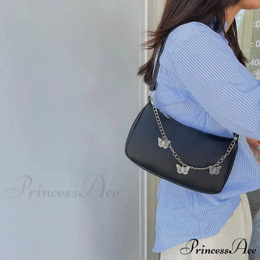 Insect Chain PU Leather Journey Shoulder Bag Black / 22 x 12.5 x 5 cm shoulder-250126