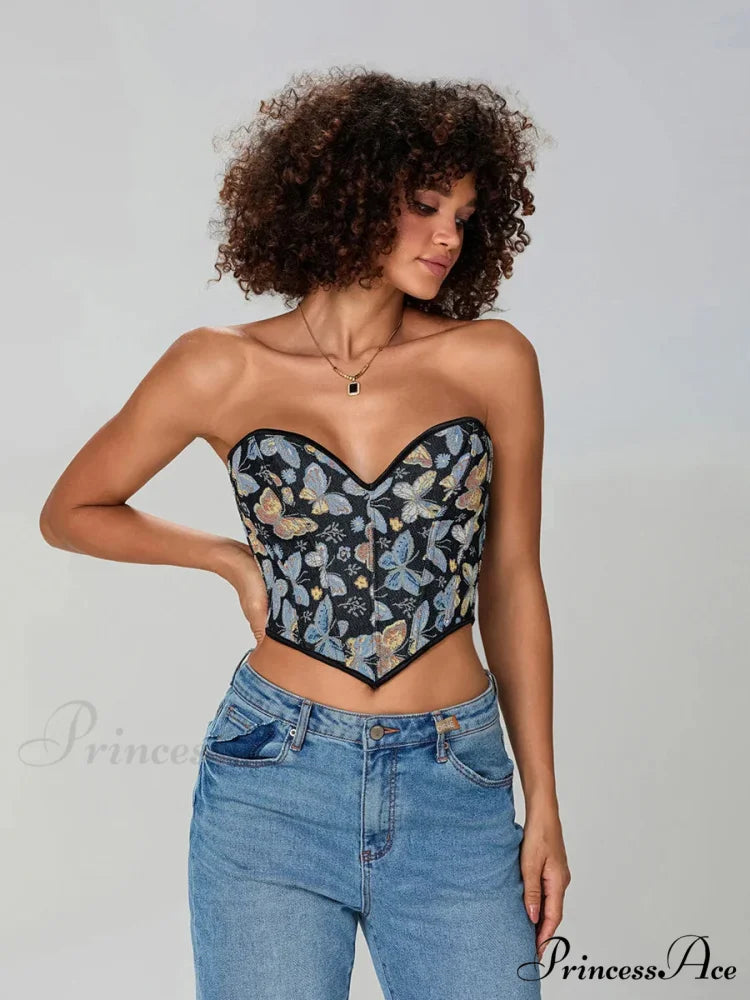Insect Pattern Sleeveless Bandage Off-the-shoulder Bodice Black / S croptop-250126