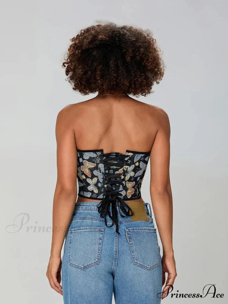 Insect Pattern Sleeveless Bandage Off-the-shoulder Bodice croptop-250126