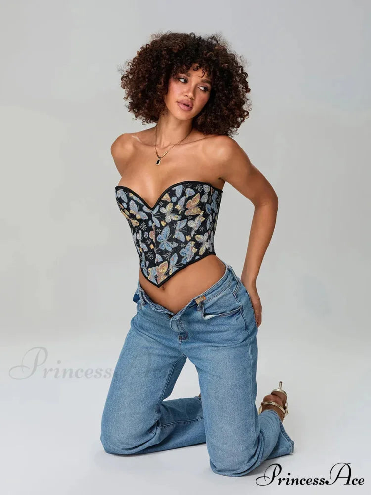 Insect Pattern Sleeveless Bandage Off-the-shoulder Bodice croptop-250126