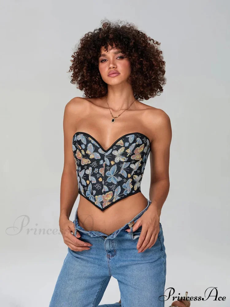 Insect Pattern Sleeveless Bandage Off-the-shoulder Bodice croptop-250126