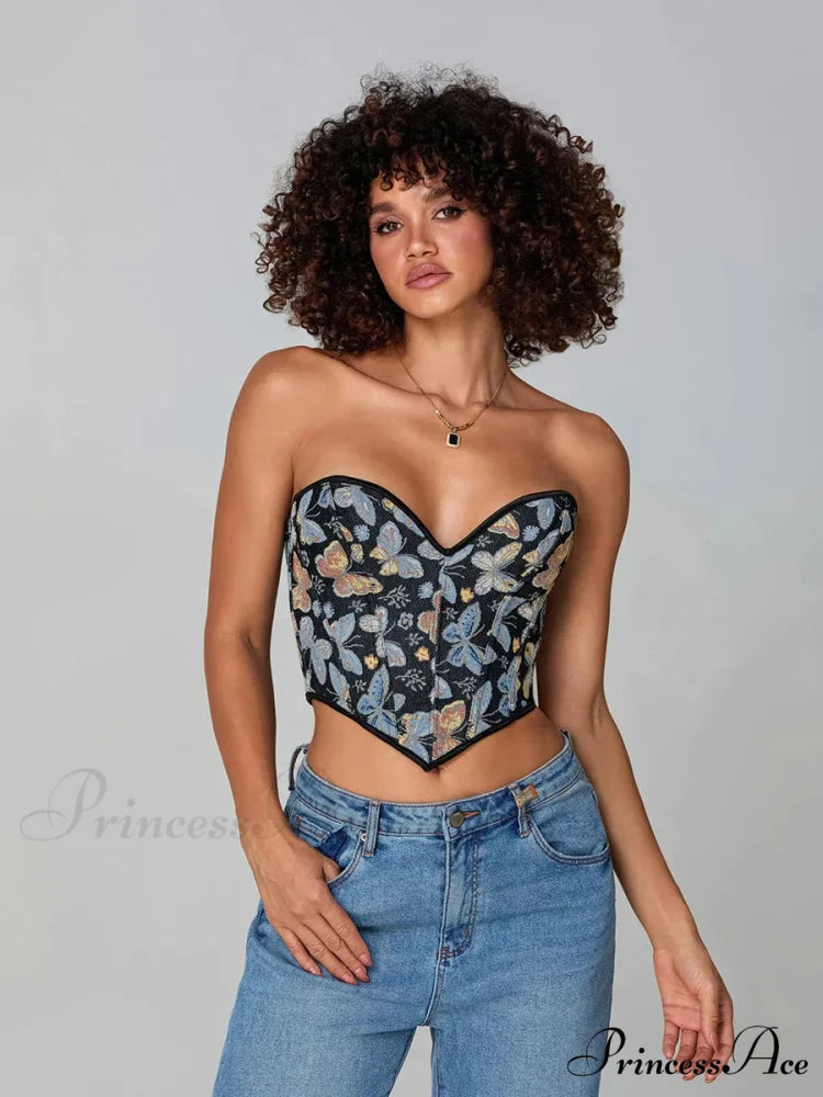 Insect Pattern Sleeveless Bandage Off-the-shoulder Bodice croptop-250126
