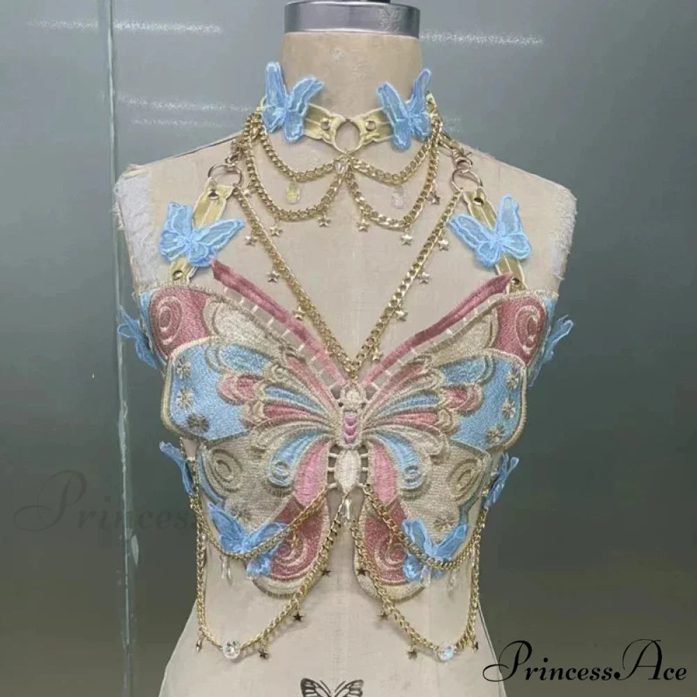 Insect Stitched Gem Chain Backless Crop Top Blue / One Size croptop-250223