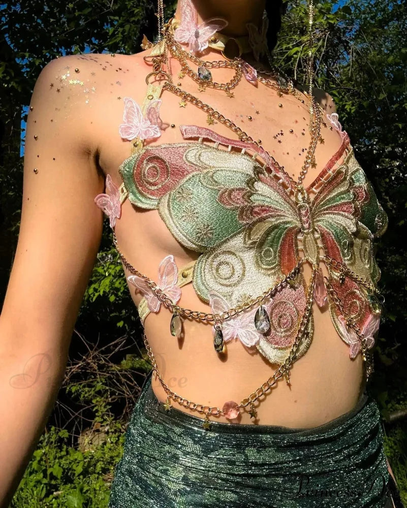 Insect Stitched Gem Chain Backless Crop Top croptop-250223