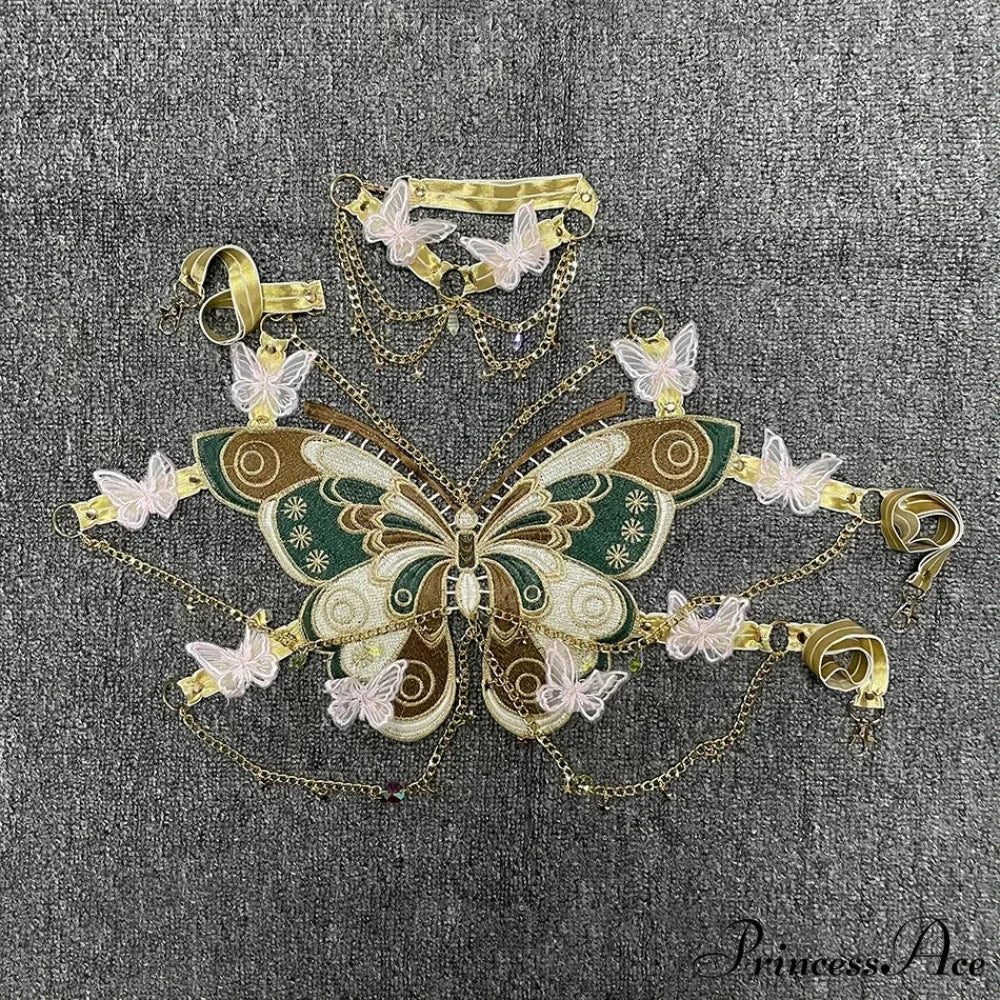 Insect Stitched Gem Chain Backless Crop Top Green / One Size croptop-250223