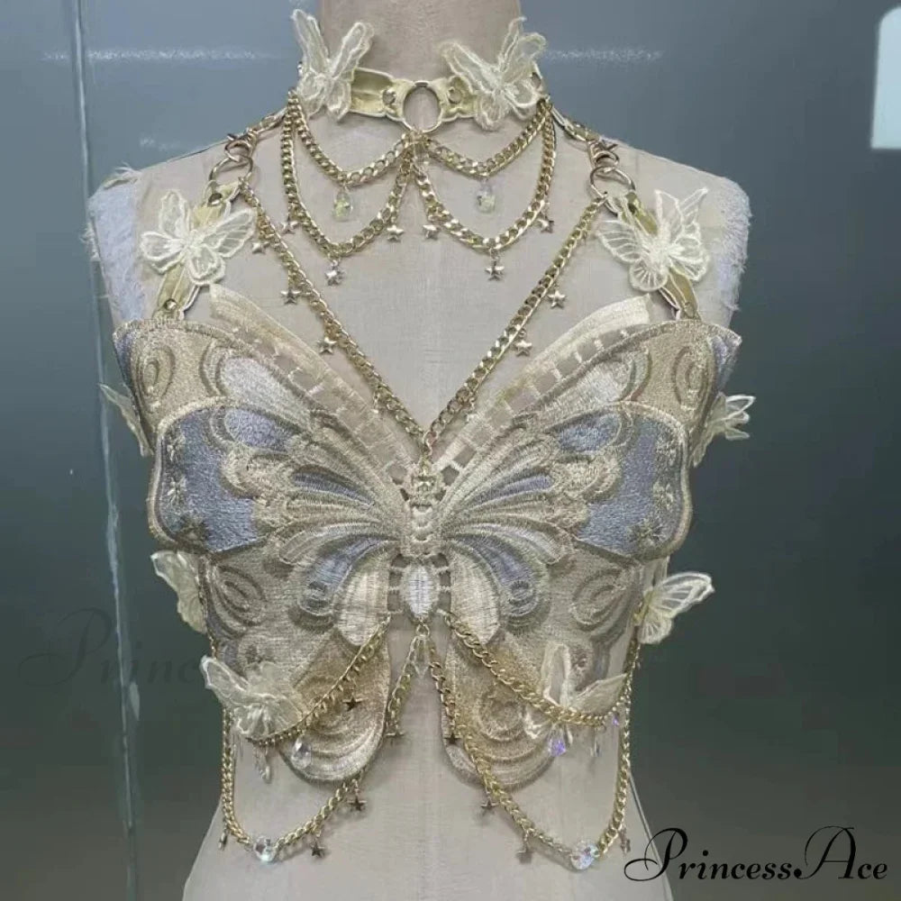 Insect Stitched Gem Chain Backless Crop Top Grey / One Size croptop-250223