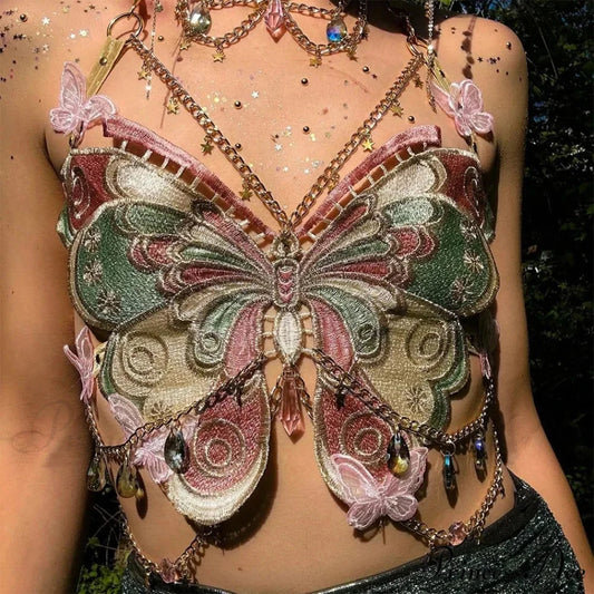 Insect Stitched Gem Chain Backless Crop Top mixed / One Size croptop-250223