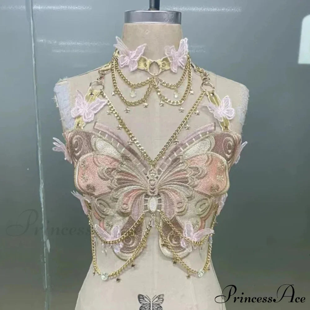 Insect Stitched Gem Chain Backless Crop Top Pink / One Size croptop-250223