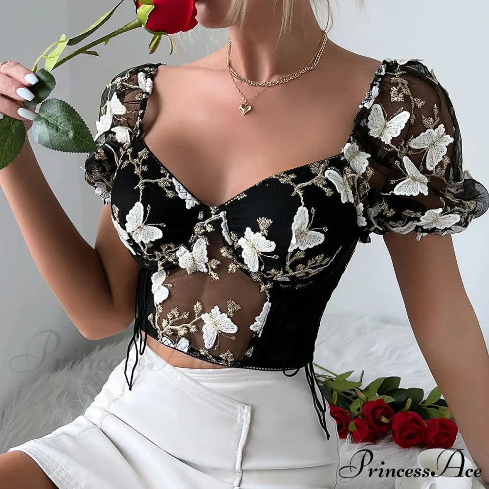 Insect Stitched Mesh Puff Sleeve Lace-up Corset Top black crop top 1 / S croptop-250126