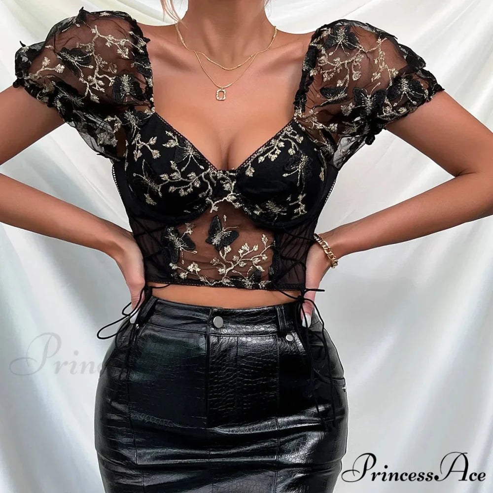 Insect Stitched Mesh Puff Sleeve Lace-up Corset Top black crop top 2 / S croptop-250126
