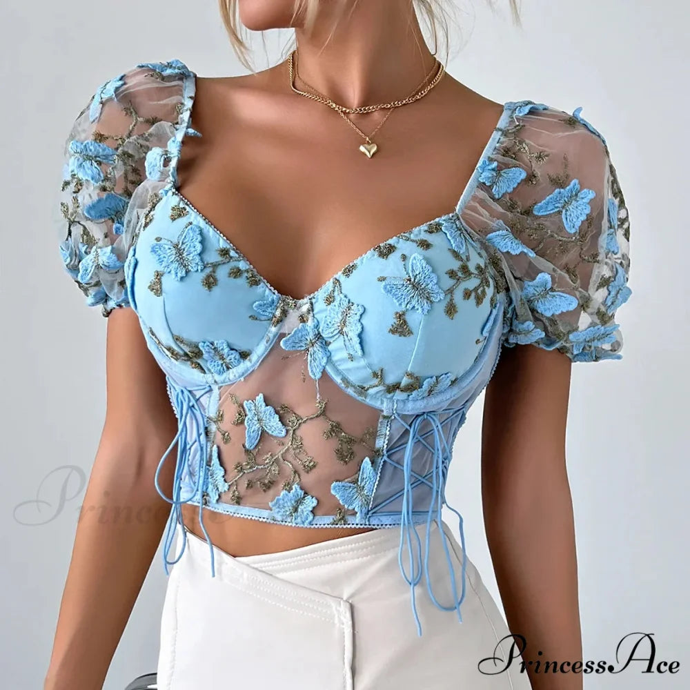 Insect Stitched Mesh Puff Sleeve Lace-up Corset Top blue crop top 1 / S croptop-250126