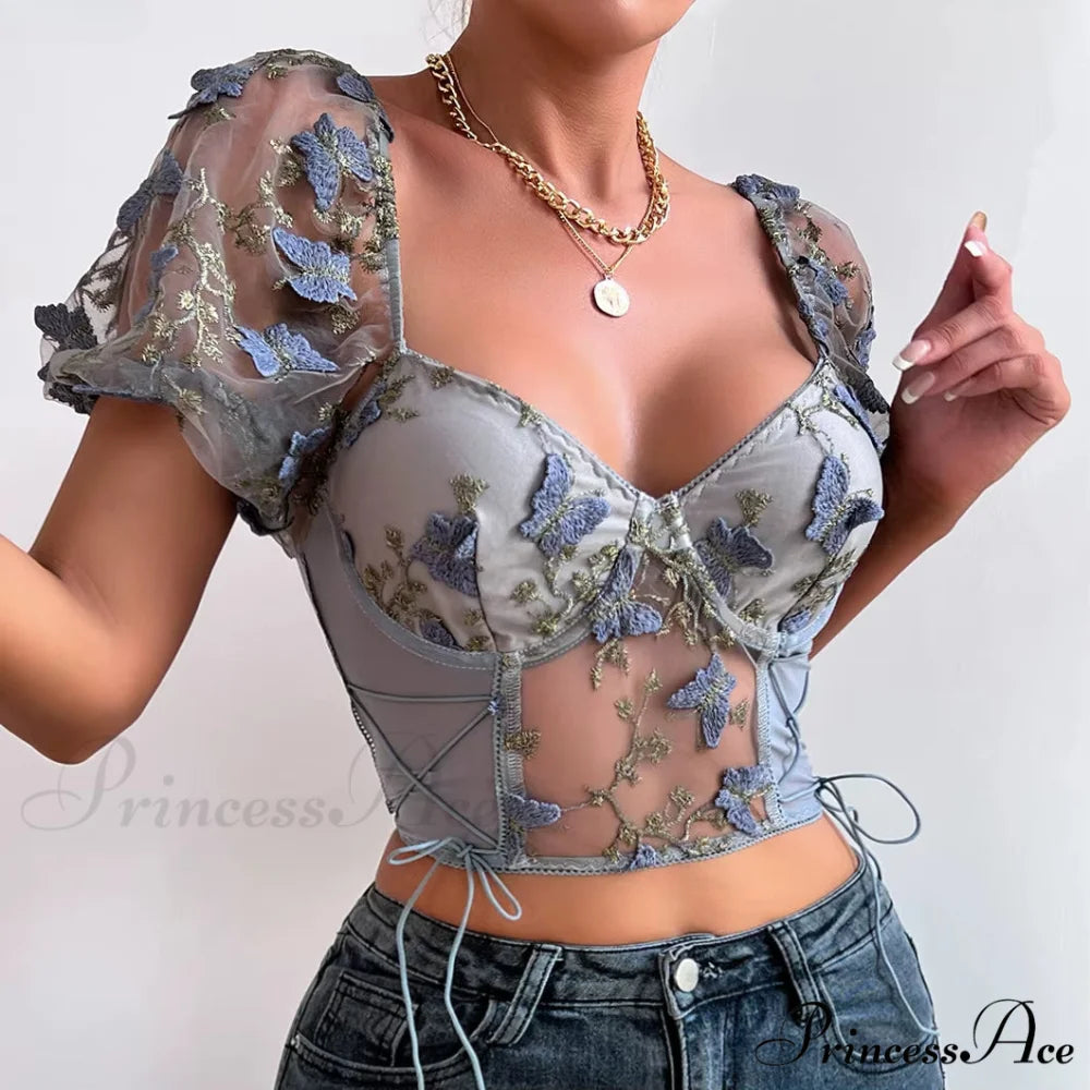 Insect Stitched Mesh Puff Sleeve Lace-up Corset Top croptop-250126