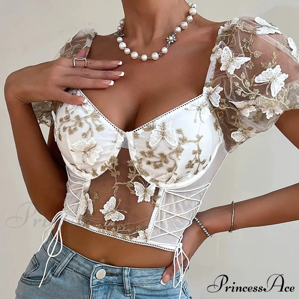 Insect Stitched Mesh Puff Sleeve Lace-up Corset Top croptop-250126