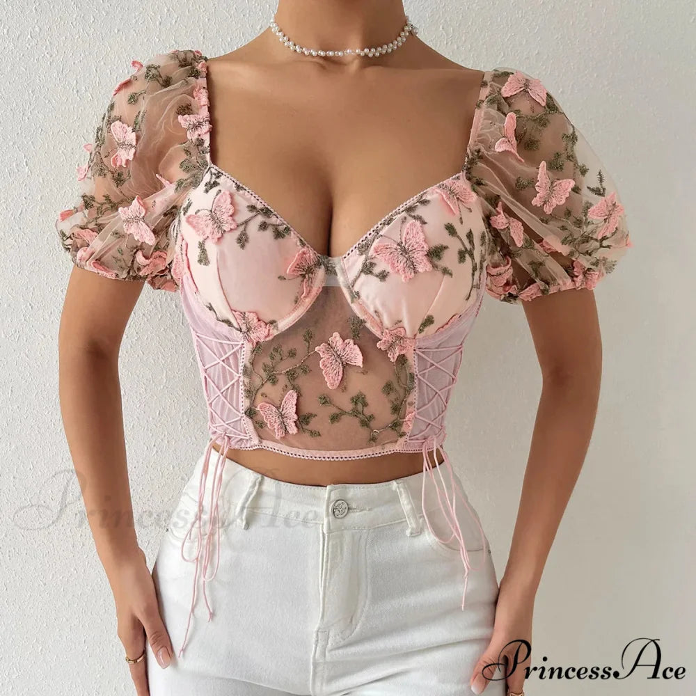 Insect Stitched Mesh Puff Sleeve Lace-up Corset Top pink crop top / S croptop-250126