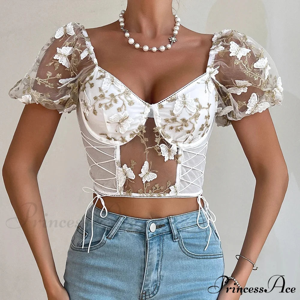 Insect Stitched Mesh Puff Sleeve Lace-up Corset Top white crop top / S croptop-250126