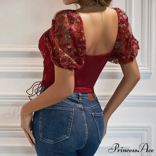 Insect Stitching Mesh Joining V Neck Trim Transparent Crop Top croptop-250126