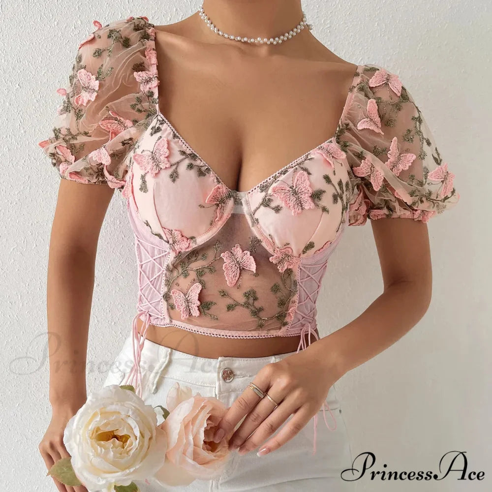 Insect Stitching Mesh Joining V Neck Trim Transparent Crop Top Pink / S croptop-250126