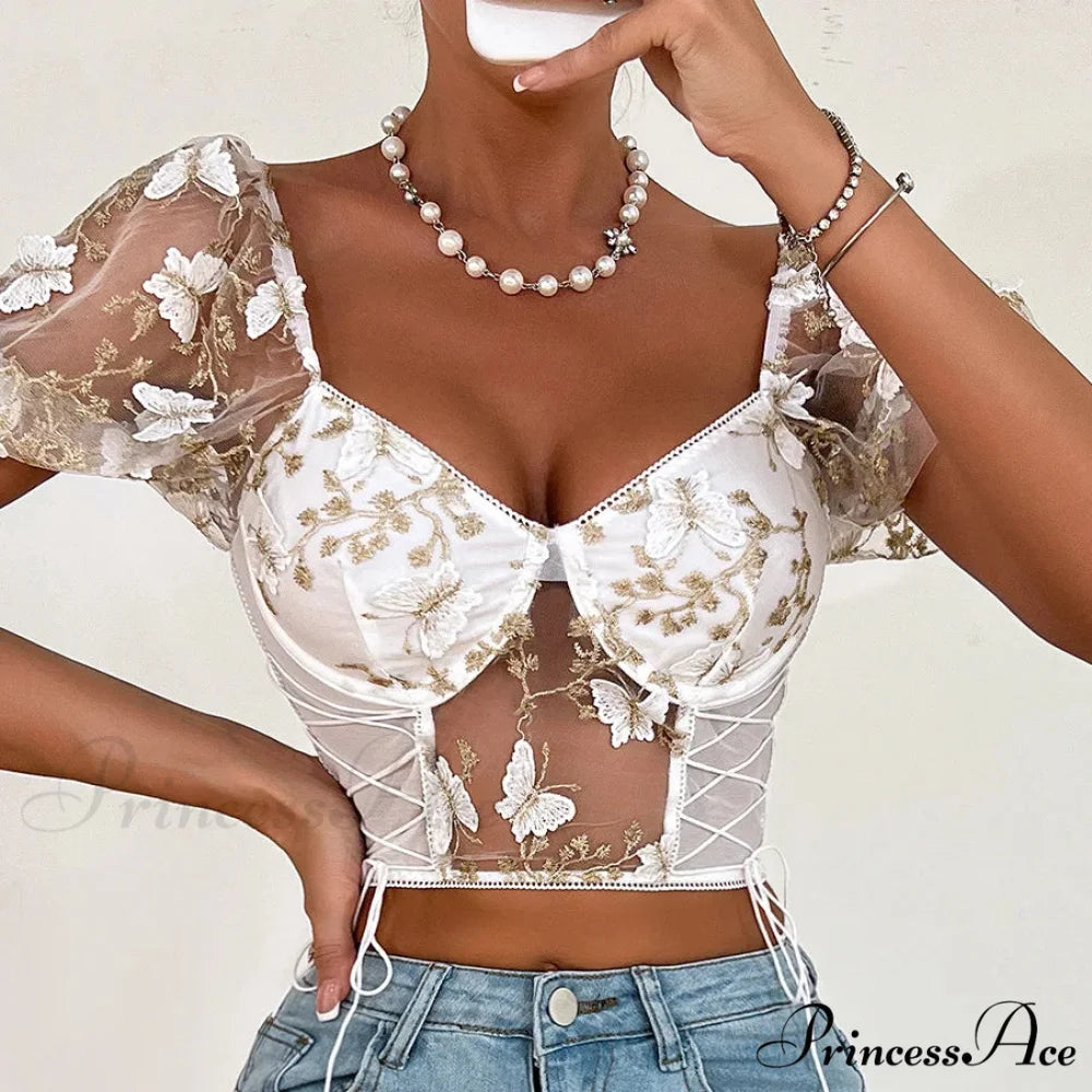 Insect Stitching Mesh Joining V Neck Trim Transparent Crop Top White / S croptop-250126