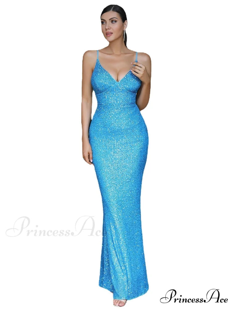 Irene Formal Backless Charming Glitter Mermaid Dress Lake Blue / S