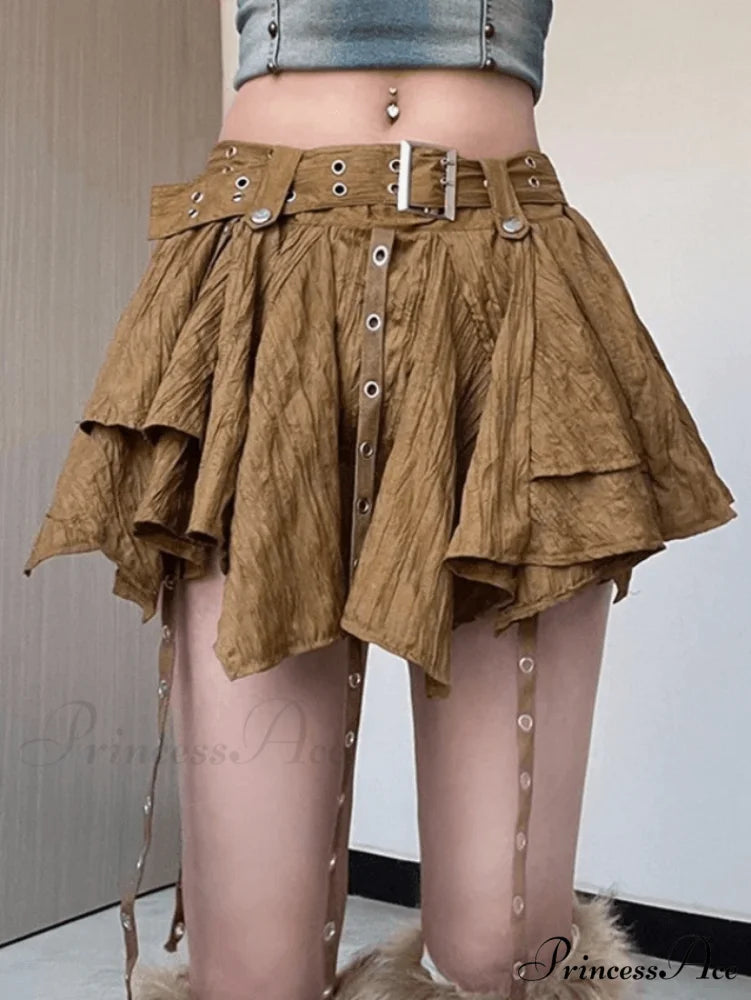 Irregular Belt Graceful Waist Mini Dress Brown / S