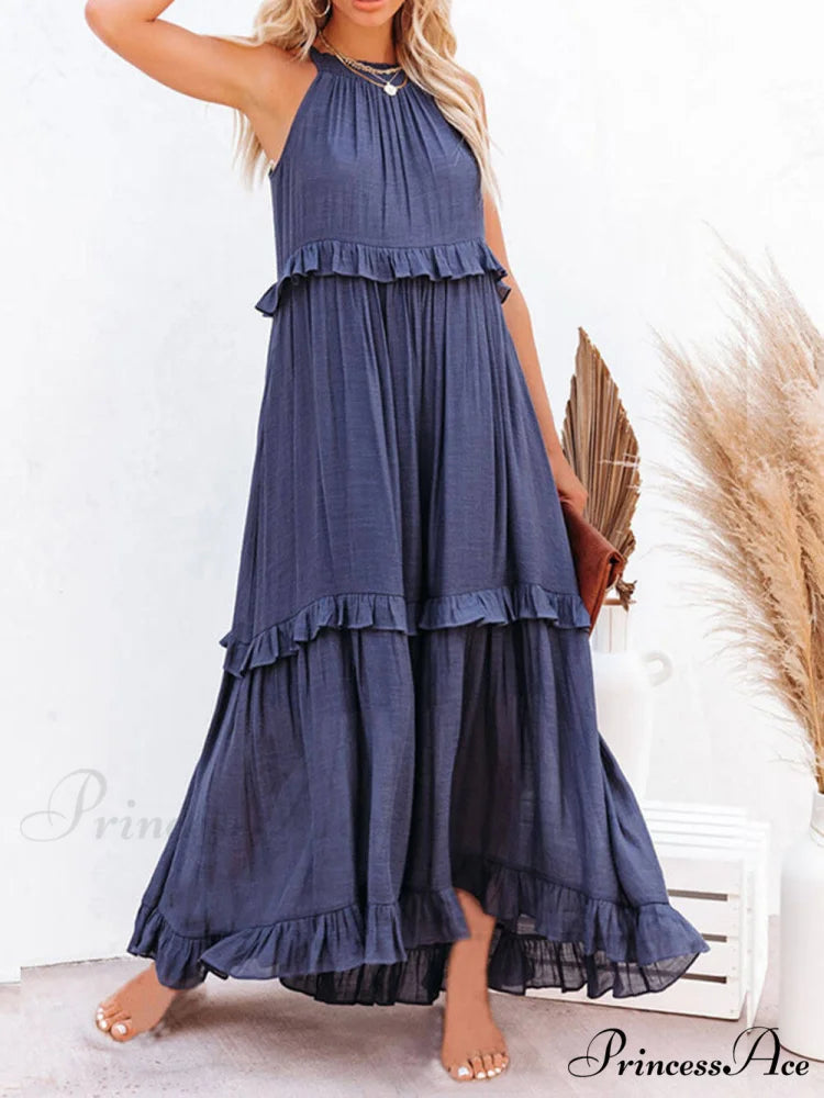Irregular Cake Stylish Sleeveless Maxi Dress Blue / S