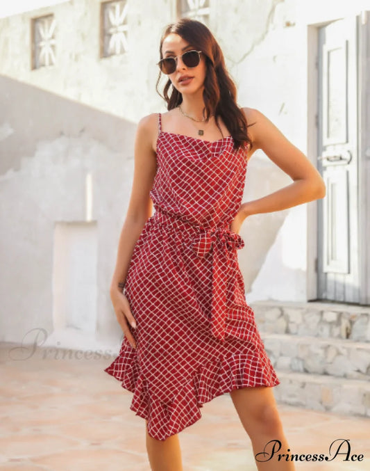 Irregular Dress with Strap Stripe S / red
