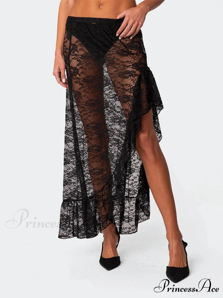 Irregular Frill Lace Form-Fitting Summer Beach Y2K Long Skirt skirt-250126
