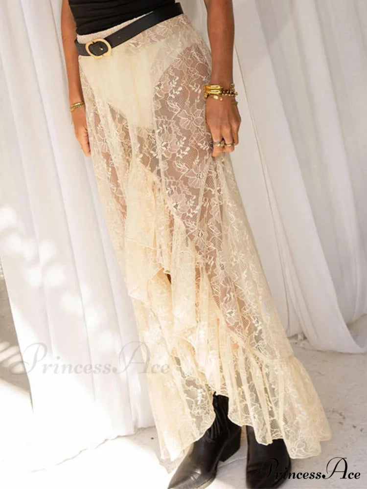 Irregular Frill Lace Form-Fitting Summer Beach Y2K Long Skirt skirt-250126