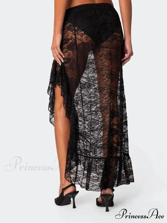 Irregular Frill Lace Form-Fitting Summer Beach Y2K Long Skirt Black / S skirt-250126