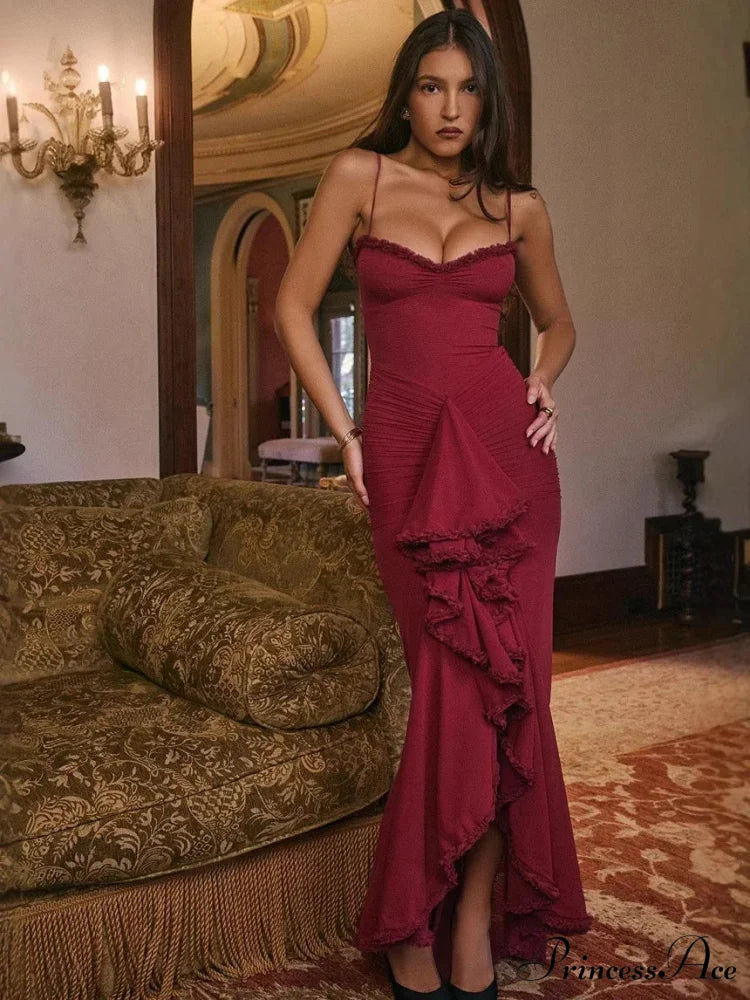 Irregular Frilly Vacation Dress Maroon / XS vacationdress-250223