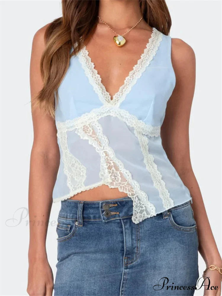 Irregular Lace Trim Low-cut Slim Crop Top BLUE / S croptop-250126