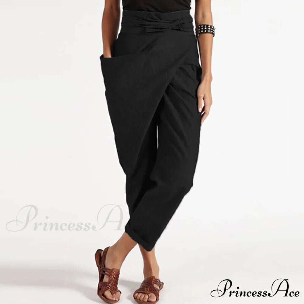 Irregular Lacing Cropped Casual Solid Color Trousers Black / S