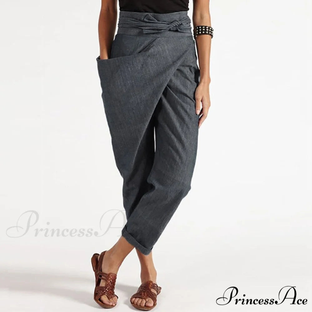 Irregular Lacing Cropped Casual Solid Color Trousers Gray / S