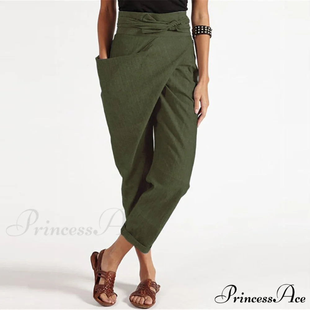 Irregular Lacing Cropped Casual Solid Color Trousers Green / S