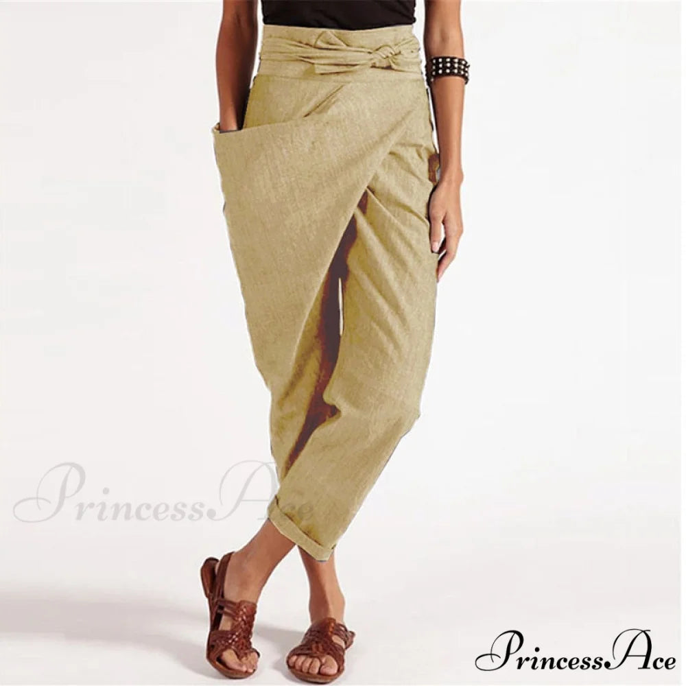 Irregular Lacing Cropped Casual Solid Color Trousers Khaki / S