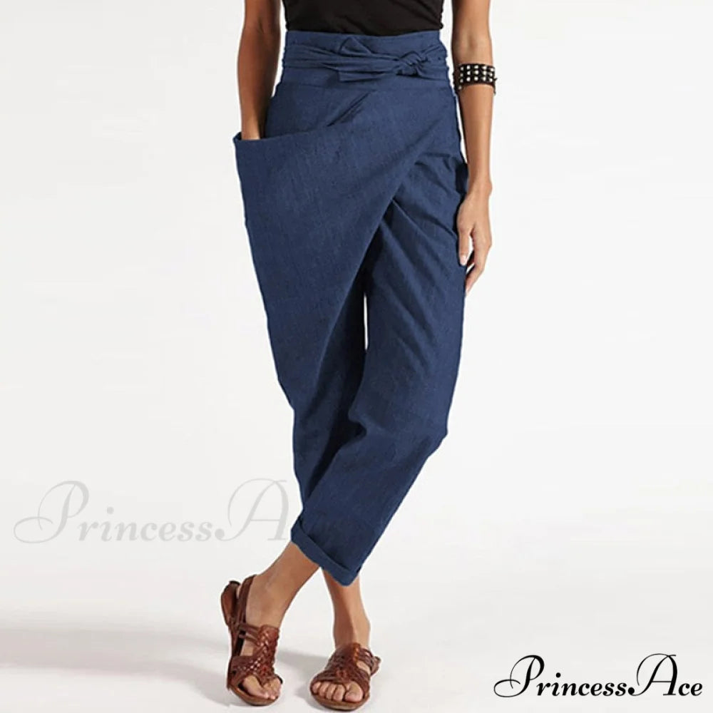 Irregular Lacing Cropped Casual Solid Color Trousers Navy / S